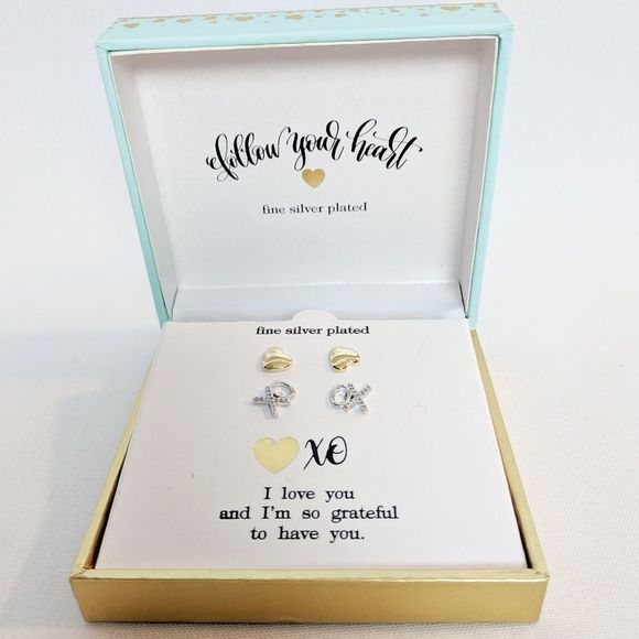 Fine Silver Plate & CZ XO & Heart Stud Earrings - Picture 1 of 6